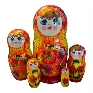 2194 - Matriochka Poupées Russes Motif Floral Rouge et Jaune