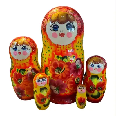 2194 - Matriochka Poupées Russes Motif Floral Rouge et Jaune