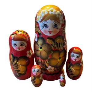 2198 - Matriochka Poupées Russes Motif Floral Rouge et Doré