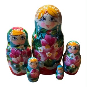 2200 - Matriochka Poupées Russes Motif Floral Rouge et Turquoise