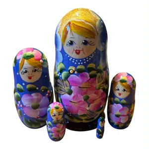 2201 - Matriochka Poupées Russes Motif Floral Bleu et Noir