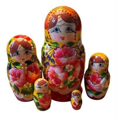 2202 - Matriochka Poupées Russes Motif Floral Rouge et Jaune