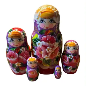 2204 - Matriochka Poupées Russes Motif Floral Rouge et Mauve
