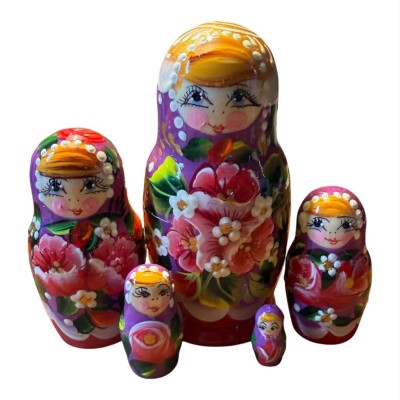 2204 - Matriochka Poupées Russes Motif Floral Rouge et Mauve