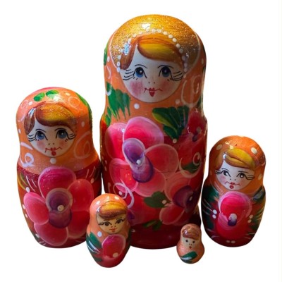 2207 - Matriochka Poupées Russes Motif Floral Rouge et Orange