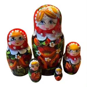 2209 - Matriochka Poupées Russes Motif Floral Rouge et Noir