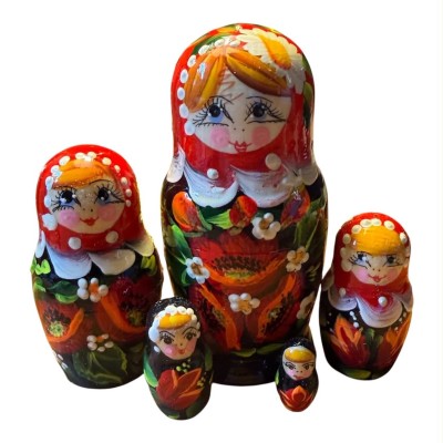2209 - Matriochka Poupées Russes Motif Floral Rouge et Noir