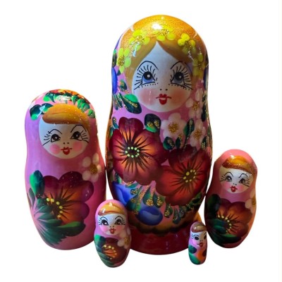 2211 - Matriochka Poupées Russes Motif Floral Rouge et Rose
