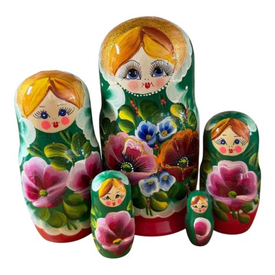 2214 - Red and Green Floral Matryoshka Russian Nesting Dolls 