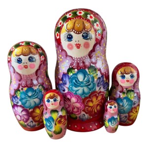 2215 - Red and Pink Floral Matryoshka Russian Nesting Dolls 