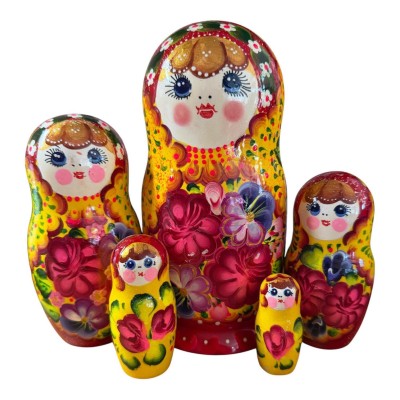 2217 - Matriochka Poupées Russes Motif Floral Rouge et Jaune