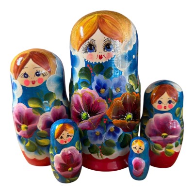 2222 - Matriochka Poupées Russes Motif Floral Rouge et Bleu
