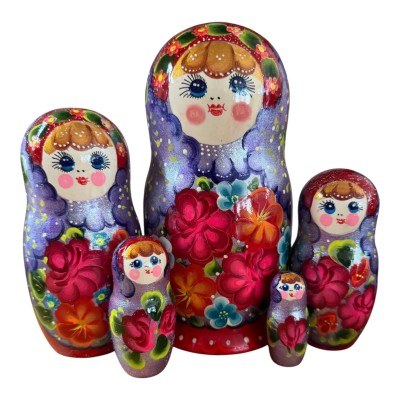 2221 - Matriochka Poupées Russes Motif Floral Rouge et Mauve