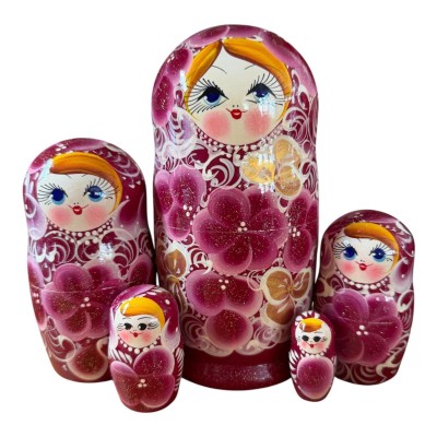 2224 - Matriochka Poupées Russes Motif Floral Bourgogne
