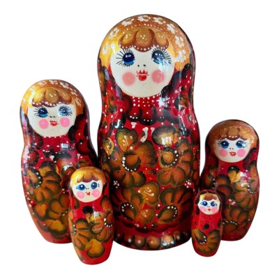 2225 - Matriochka Poupées Russes Motif Floral Rouge et Doré