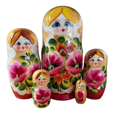 2226 - Matriochka Poupées Russes Motif Floral Rouge et Doré