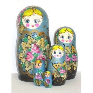 850 - Turquoise and Black Floral Matryoshka Russian Nesting Dolls