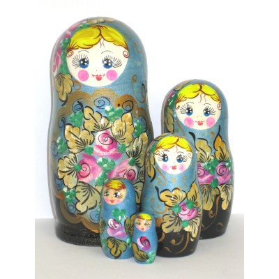 850 - Matriochka Poupées Russes Motif Floral Turquoise et Noir