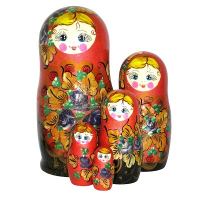 857  -  Matriochka Poupées Russes Motif Floral Corail et Noir