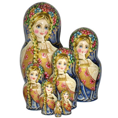 938 -  Blue and Gold Floral Matryoshka Russian Nesting Doll