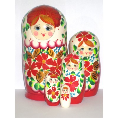 997 - Red and White Floral Matryoshka Russian Nesting Dolls