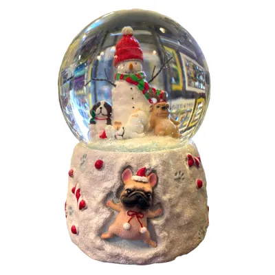 Puppies with Snowman Musical Snowglobe