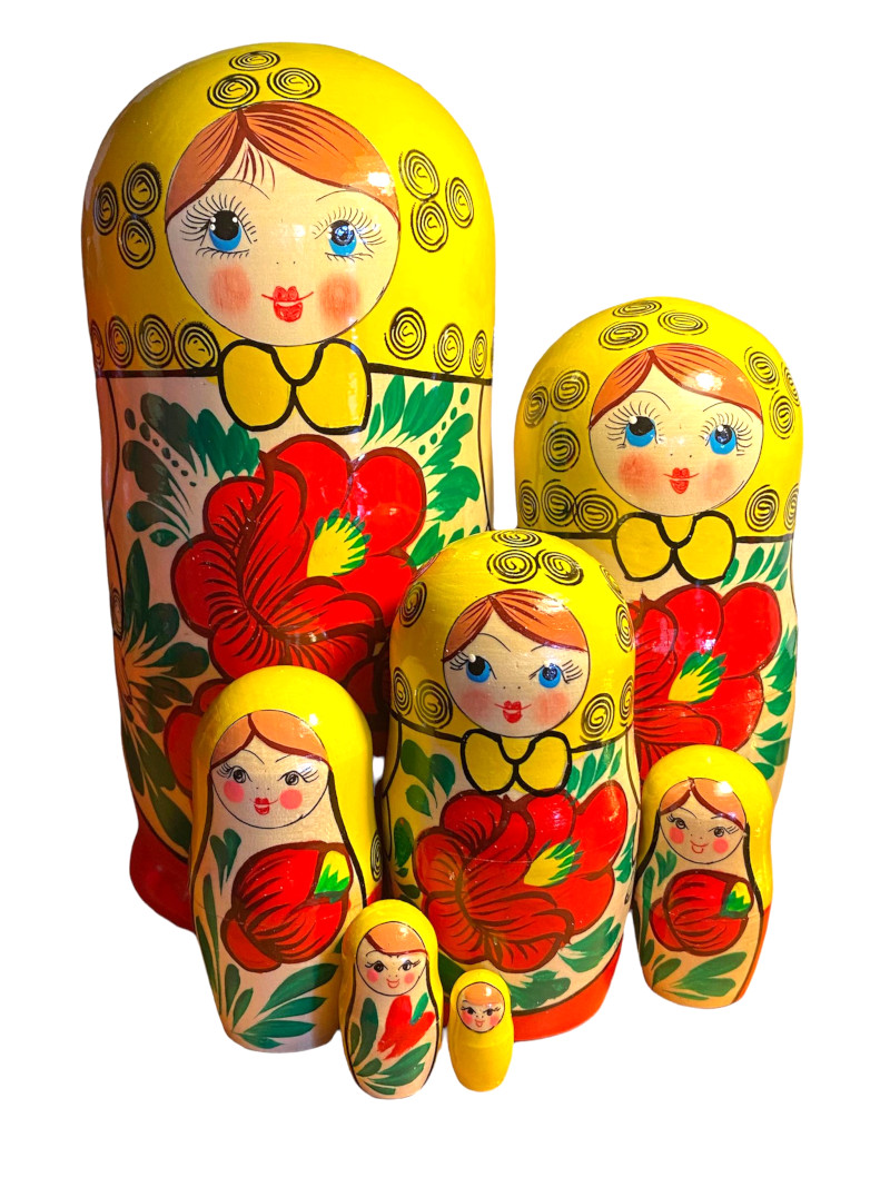 7 Poupées Russes Matriochka Kholoui - H22 Cm - Peintes à La Main, Signées - Artisanat Russe De Luxe