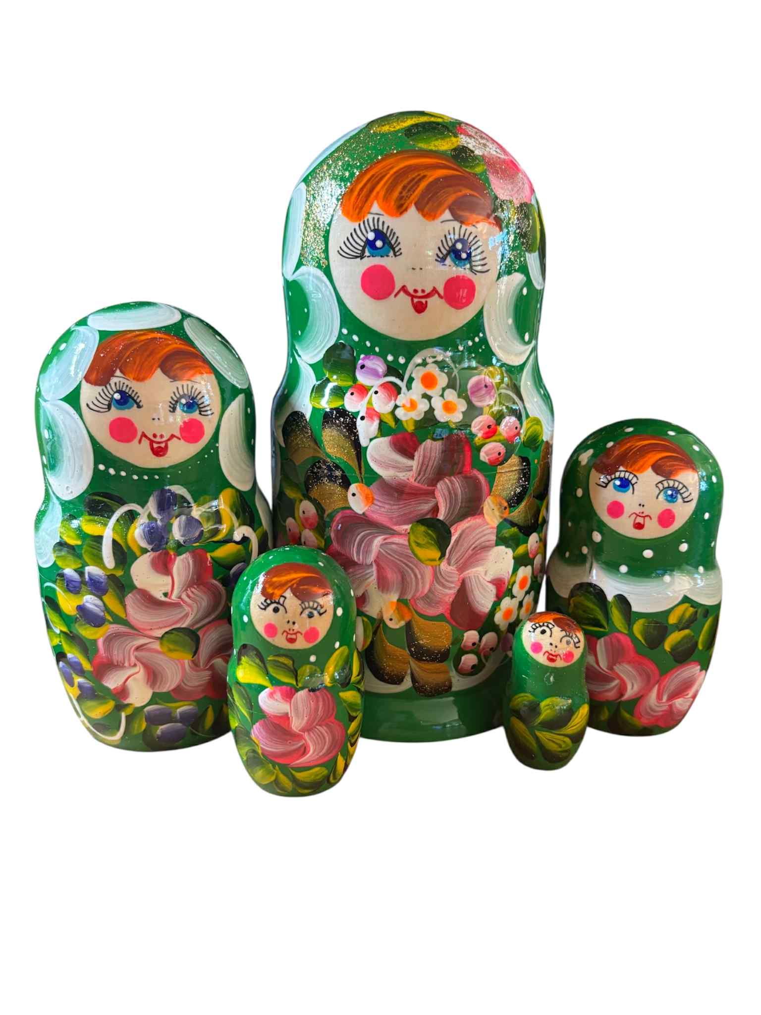 Matriochka Ciam – Poupée Russe Verte à Fleurs – 10 Pièces Fait Main (13 Cm)